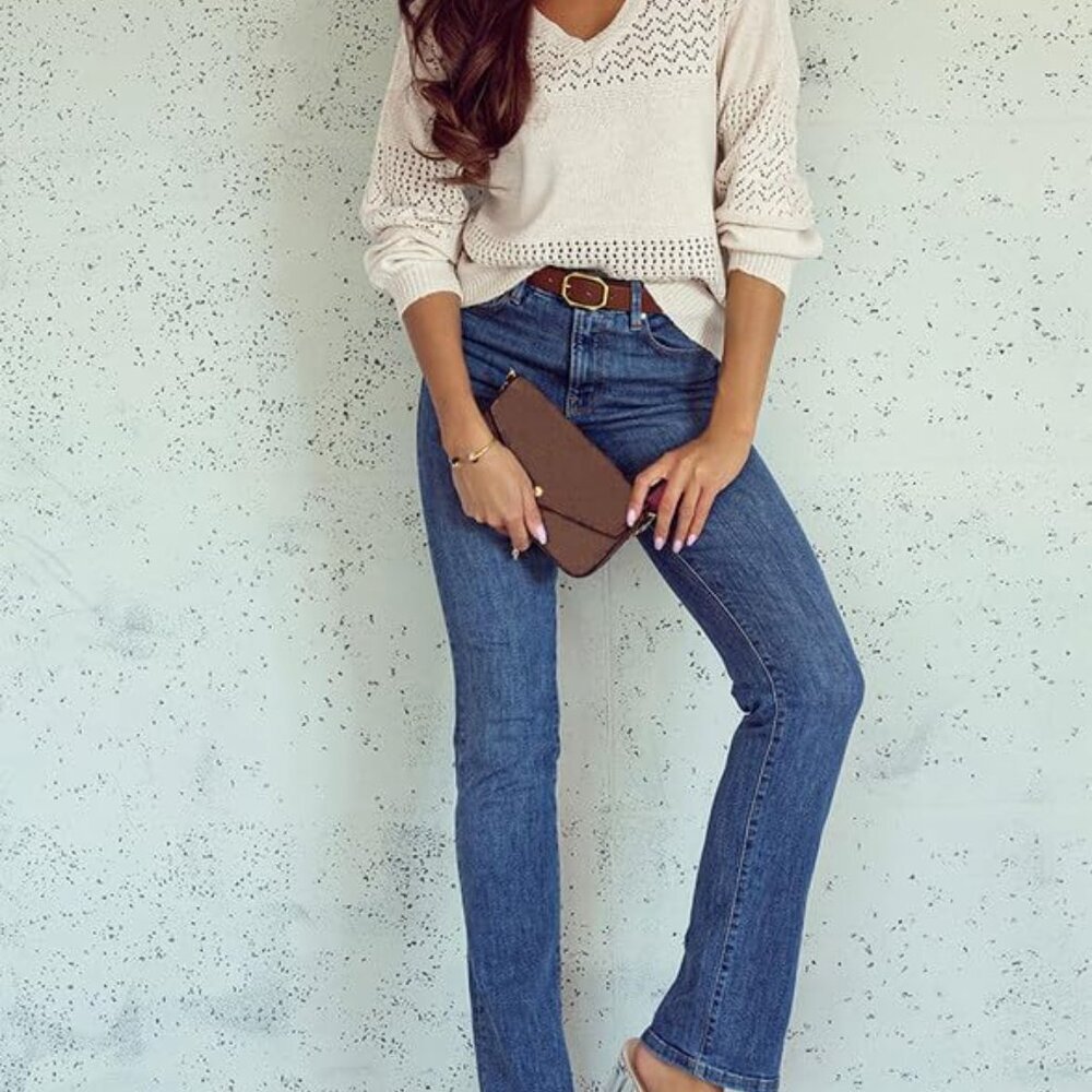 Women's Sweaters Casual Long Sleeve V Neck Lightweight Crochet Pullover Sweater - Picture 8 of 8